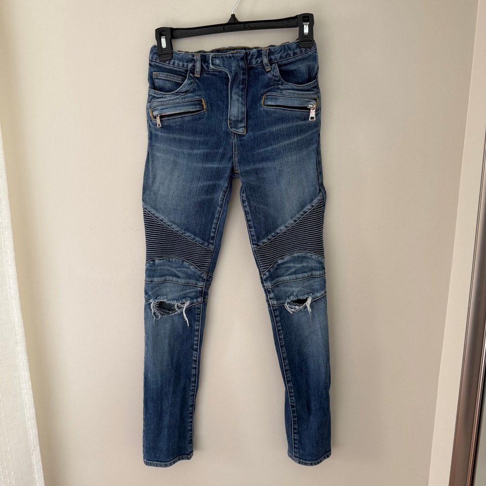 Balmain Paris Boys Blue Distressed Biker Moto Jeans Size 12A Made in Japan